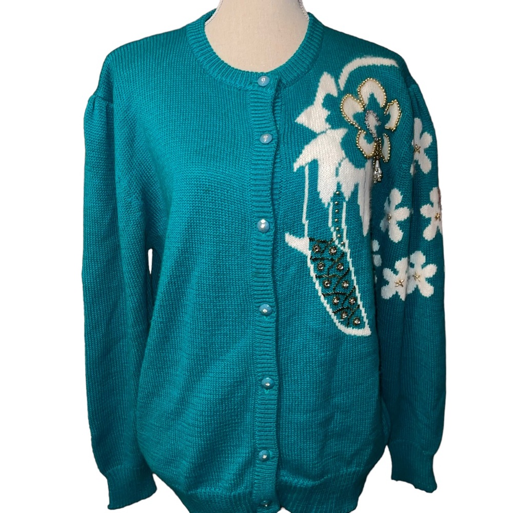 Jubiana Stylist Women’s Cardigan Sweater Size Medium Wool/Acrylic Floral Green